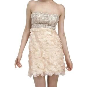 Sue Wong Nocturne Beaded Sheer Petal Sheath Cocktail Dress Ruffled Navy 2